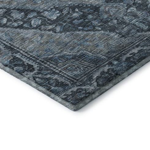 8' Navy Blue And Gray Oriental Washable Round Rug With UV Protection