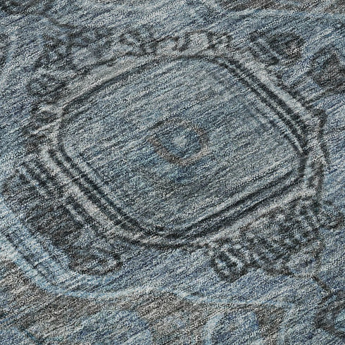 8' Navy Blue And Gray Oriental Washable Round Rug With UV Protection