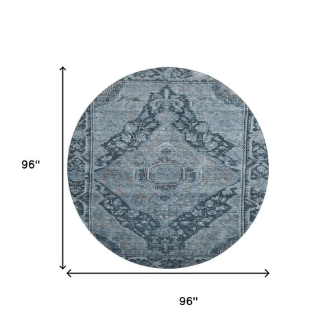 8' Navy Blue And Gray Oriental Washable Round Rug With UV Protection
