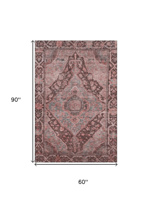 5' X 8' Rust And Gray Oriental Washable Area Rug With UV Protection