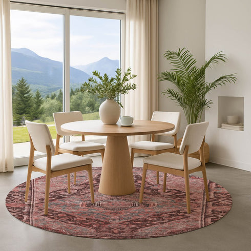 8' Rust And Gray Oriental Washable Round Rug With UV Protection