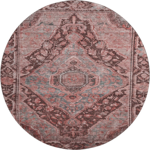 8' Rust And Gray Oriental Washable Round Rug With UV Protection