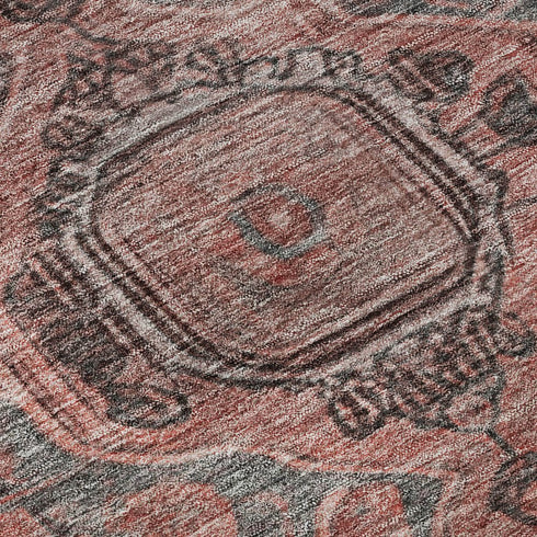 8' Rust And Gray Oriental Washable Round Rug With UV Protection