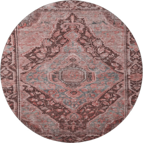 8' Rust And Gray Oriental Washable Round Rug With UV Protection