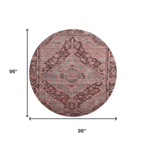 8' Rust And Gray Oriental Washable Round Rug With UV Protection