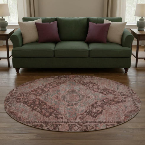 8' Rust And Gray Oriental Washable Round Rug With UV Protection