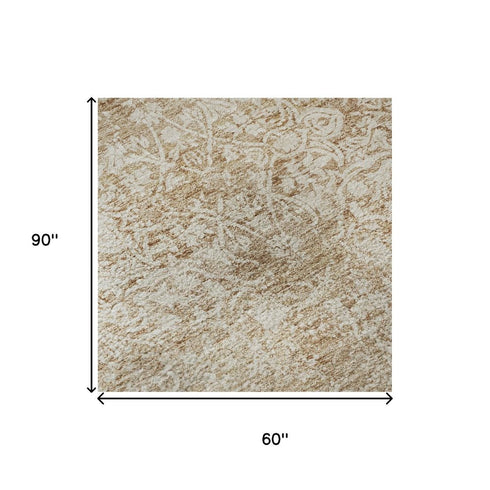 5' X 8' Coral And Ivory Oriental Washable Area Rug With UV Protection