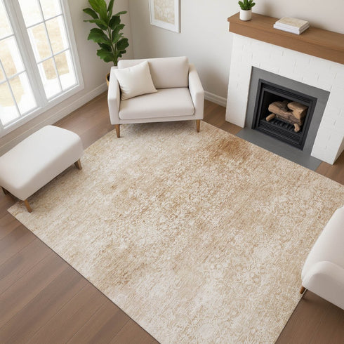 9' X 12' Coral And Ivory Oriental Washable Area Rug With UV Protection