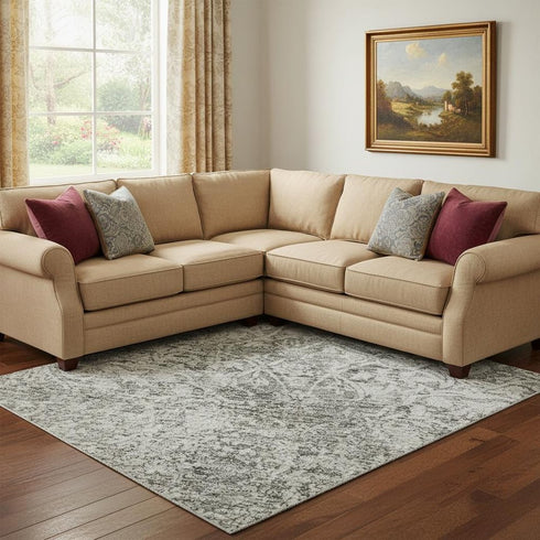 8' X 10' Gray And Ivory Oriental Washable Area Rug With UV Protection