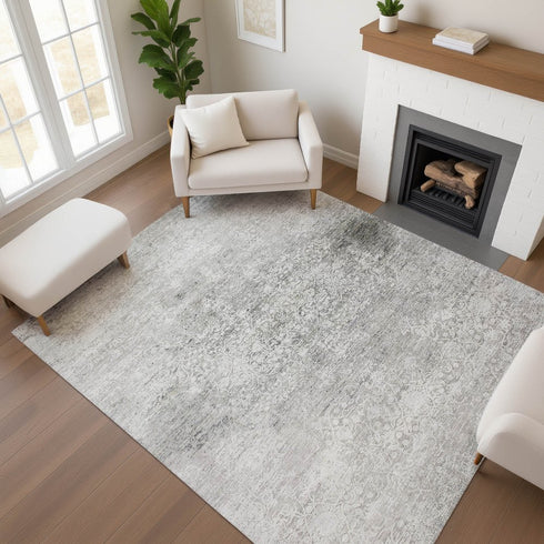 8' X 10' Gray And Ivory Oriental Washable Area Rug With UV Protection