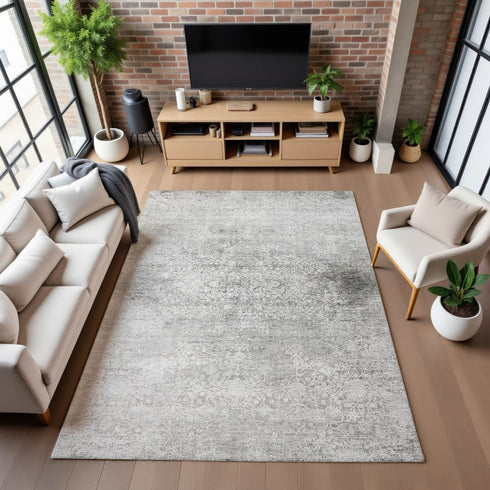 8' X 10' Gray And Ivory Oriental Washable Area Rug With UV Protection