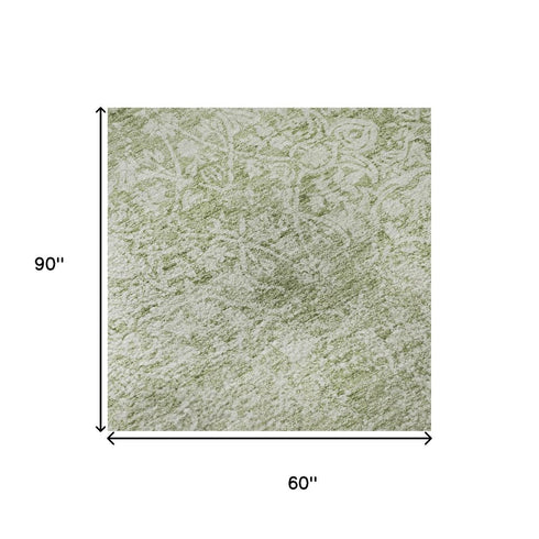 5' X 8' Sage And Ivory Oriental Washable Area Rug With UV Protection