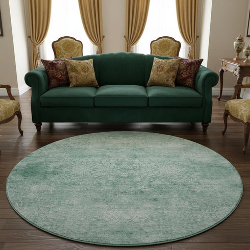 8' Turquoise And Ivory Oriental Washable Round Rug With UV Protection