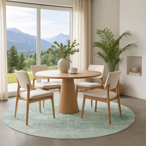 8' Turquoise And Ivory Oriental Washable Round Rug With UV Protection