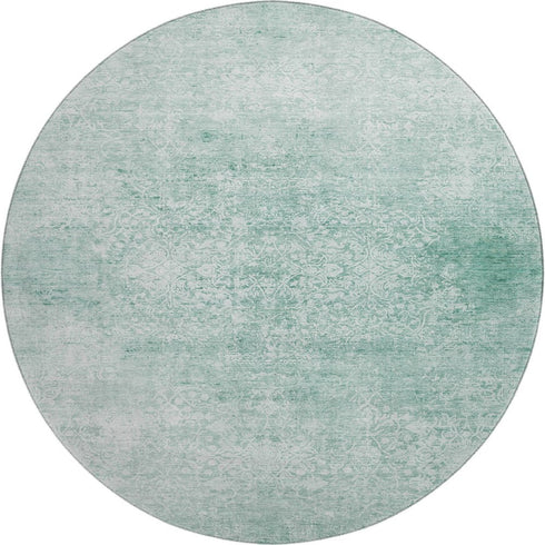 8' Turquoise And Ivory Oriental Washable Round Rug With UV Protection