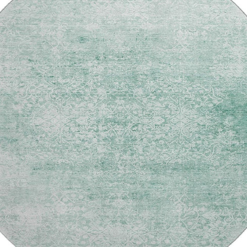 8' Turquoise And Ivory Oriental Washable Round Rug With UV Protection