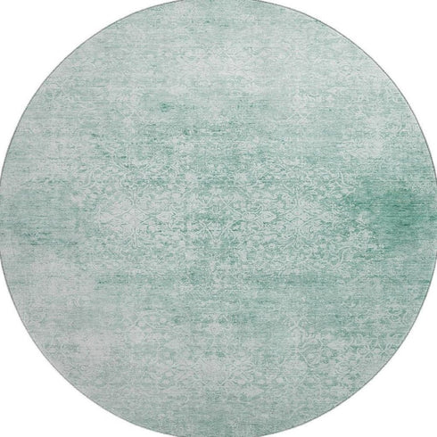 8' Turquoise And Ivory Oriental Washable Round Rug With UV Protection