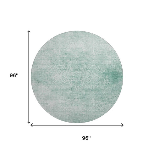 8' Turquoise And Ivory Oriental Washable Round Rug With UV Protection