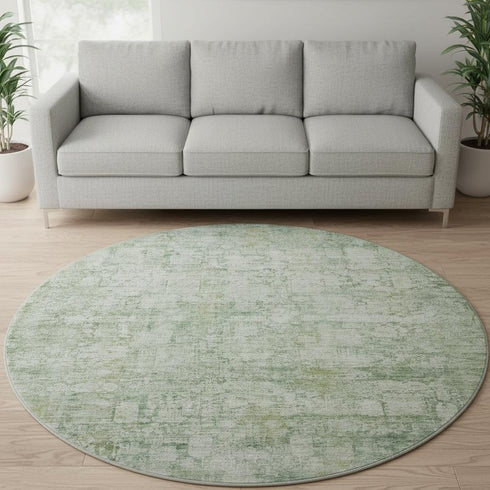 8' Artichoke Green And Beige Oriental Washable Round Rug With UV Protection