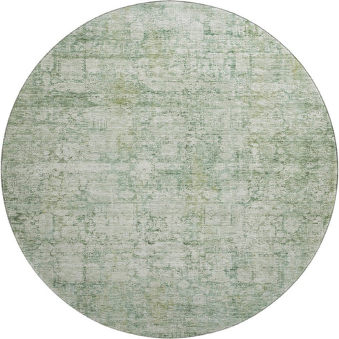 8' Artichoke Green And Beige Oriental Washable Round Rug With UV Protection