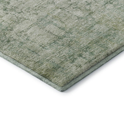 8' Artichoke Green And Beige Oriental Washable Round Rug With UV Protection