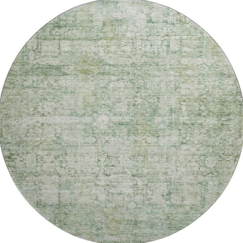 8' Artichoke Green And Beige Oriental Washable Round Rug With UV Protection