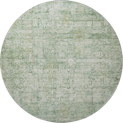 8' Artichoke Green And Beige Oriental Washable Round Rug With UV Protection