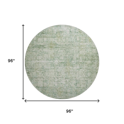 8' Artichoke Green And Beige Oriental Washable Round Rug With UV Protection