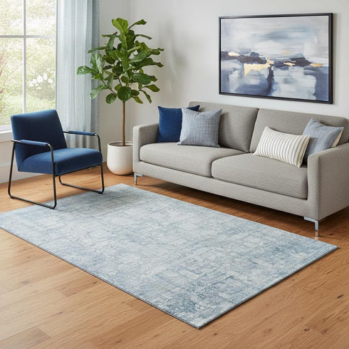 5' X 8' Blue And Ivory Oriental Washable Area Rug With UV Protection