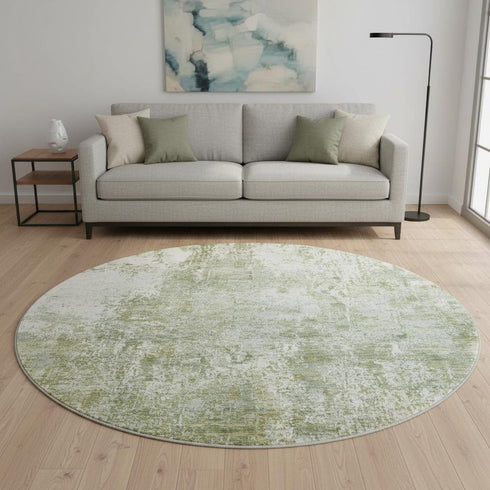 8' Artichoke Green And Ivory Abstract Washable Round Rug With UV Protection