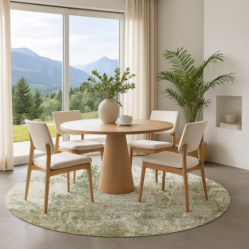 8' Artichoke Green And Ivory Abstract Washable Round Rug With UV Protection