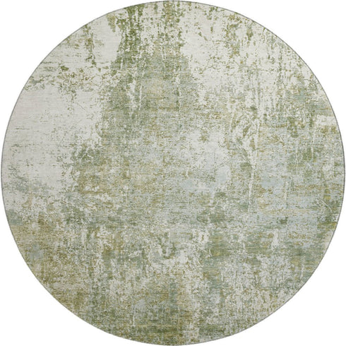 8' Artichoke Green And Ivory Abstract Washable Round Rug With UV Protection