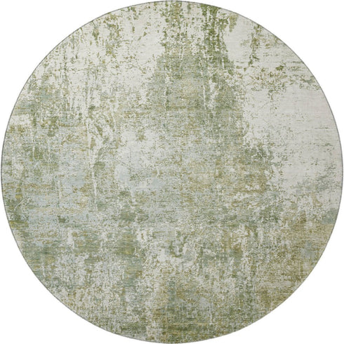 8' Artichoke Green And Ivory Abstract Washable Round Rug With UV Protection