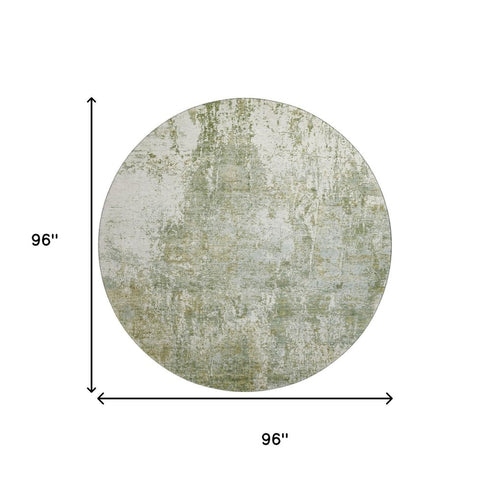 8' Artichoke Green And Ivory Abstract Washable Round Rug With UV Protection