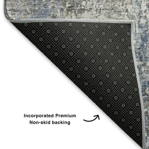 5' X 8' Blue And Ivory Abstract Washable Area Rug With UV Protection