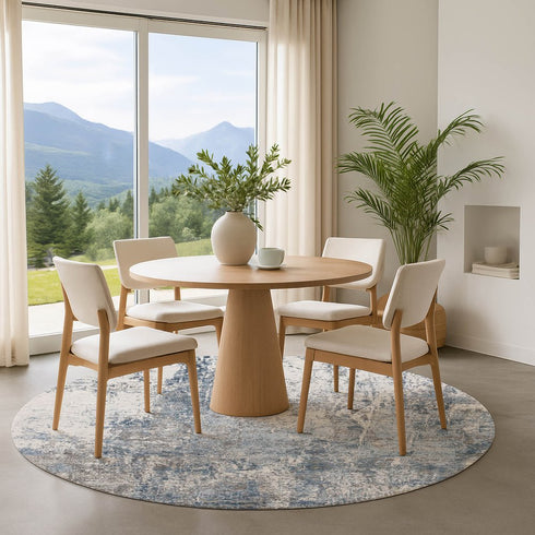 8' Blue And Ivory Abstract Washable Round Rug With UV Protection
