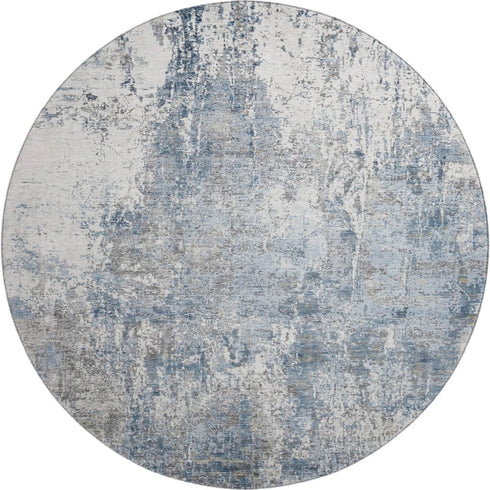 8' Blue And Ivory Abstract Washable Round Rug With UV Protection