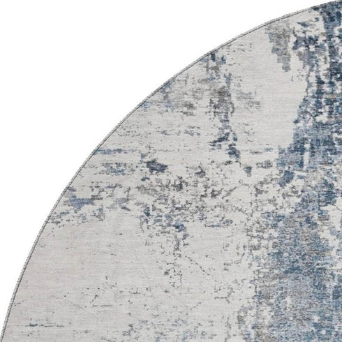 8' Blue And Ivory Abstract Washable Round Rug With UV Protection