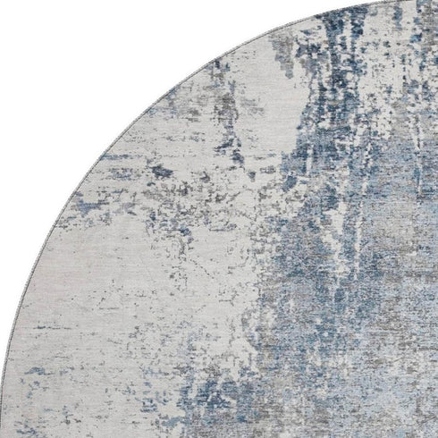 8' Blue And Ivory Abstract Washable Round Rug With UV Protection
