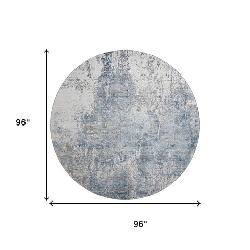 8' Blue And Ivory Abstract Washable Round Rug With UV Protection