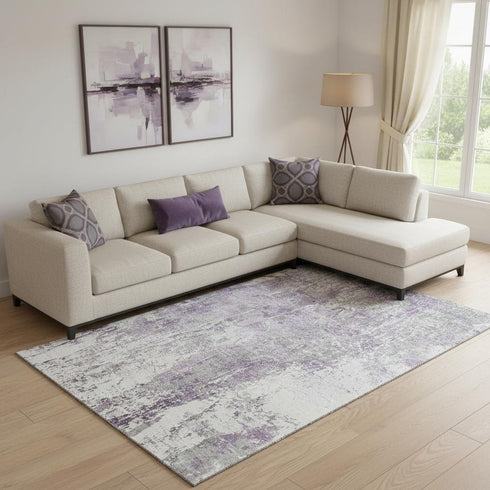 9' X 12' Plum And Ivory Abstract Washable Area Rug With UV Protection