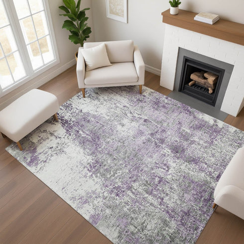 9' X 12' Plum And Ivory Abstract Washable Area Rug With UV Protection