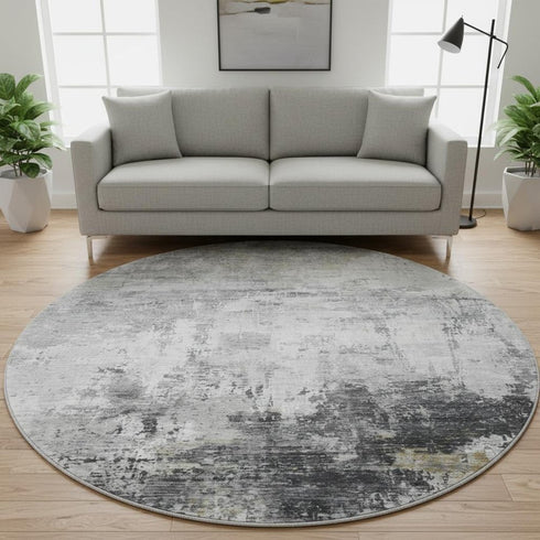 8' Gray And Silver Abstract Washable Round Rug With UV Protection