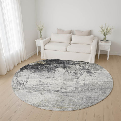 8' Gray And Silver Abstract Washable Round Rug With UV Protection