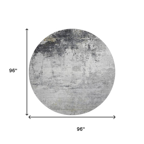 8' Gray And Silver Abstract Washable Round Rug With UV Protection