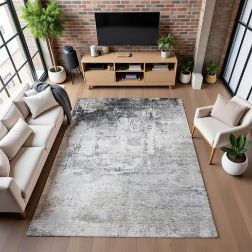 8' X 10' Gray And Silver Abstract Washable Area Rug With UV Protection