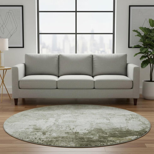 8' Taupe And Ivory Abstract Washable Round Rug With UV Protection