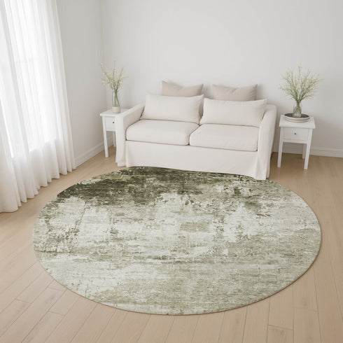8' Taupe And Ivory Abstract Washable Round Rug With UV Protection