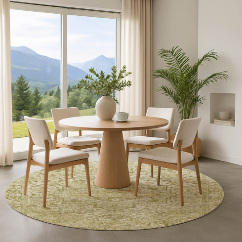 8' Beige And Gold Oriental Washable Round Rug With UV Protection