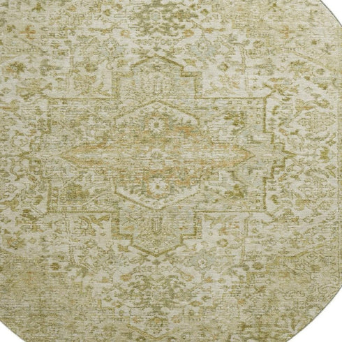 8' Beige And Gold Oriental Washable Round Rug With UV Protection